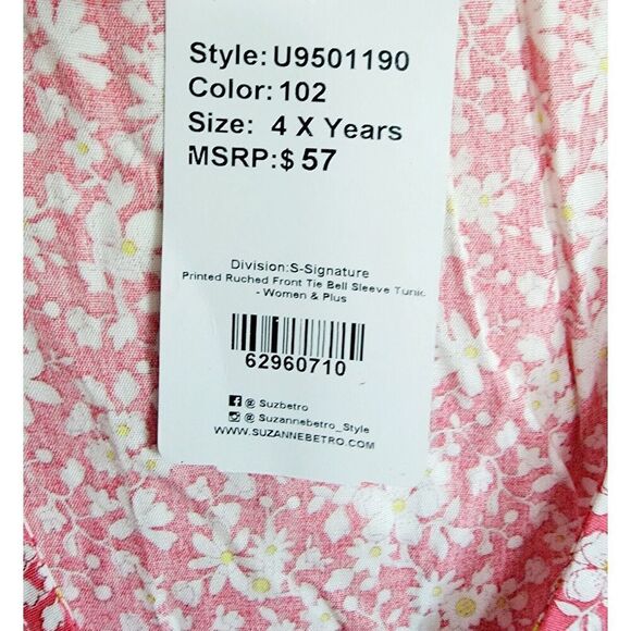 Suzanne Betro 4X Floral 3/4 Flutter Sleeve Blouse‎ Pink White Floral Rayon NWT - Picture 9 of 10